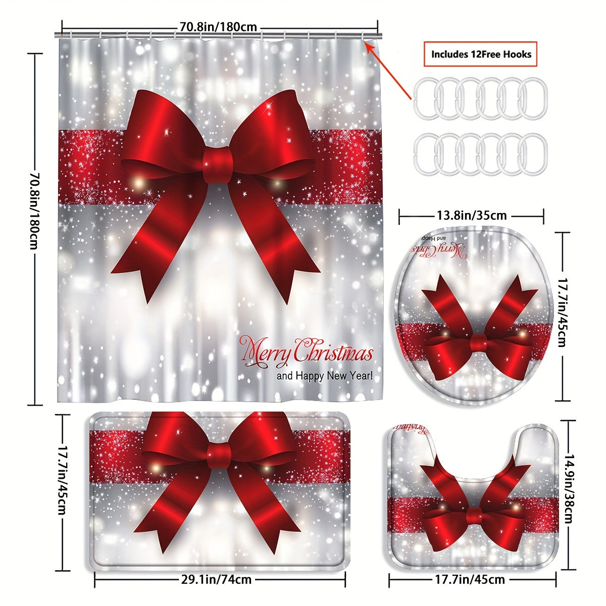 Christmas Shower Curtain Set with 12 Hooks, Four-Piece Merry Christmas Bathroom Decor with Polyester Curtain, Bath Mat, U-Shaped Mat and Toilet Lid Cover