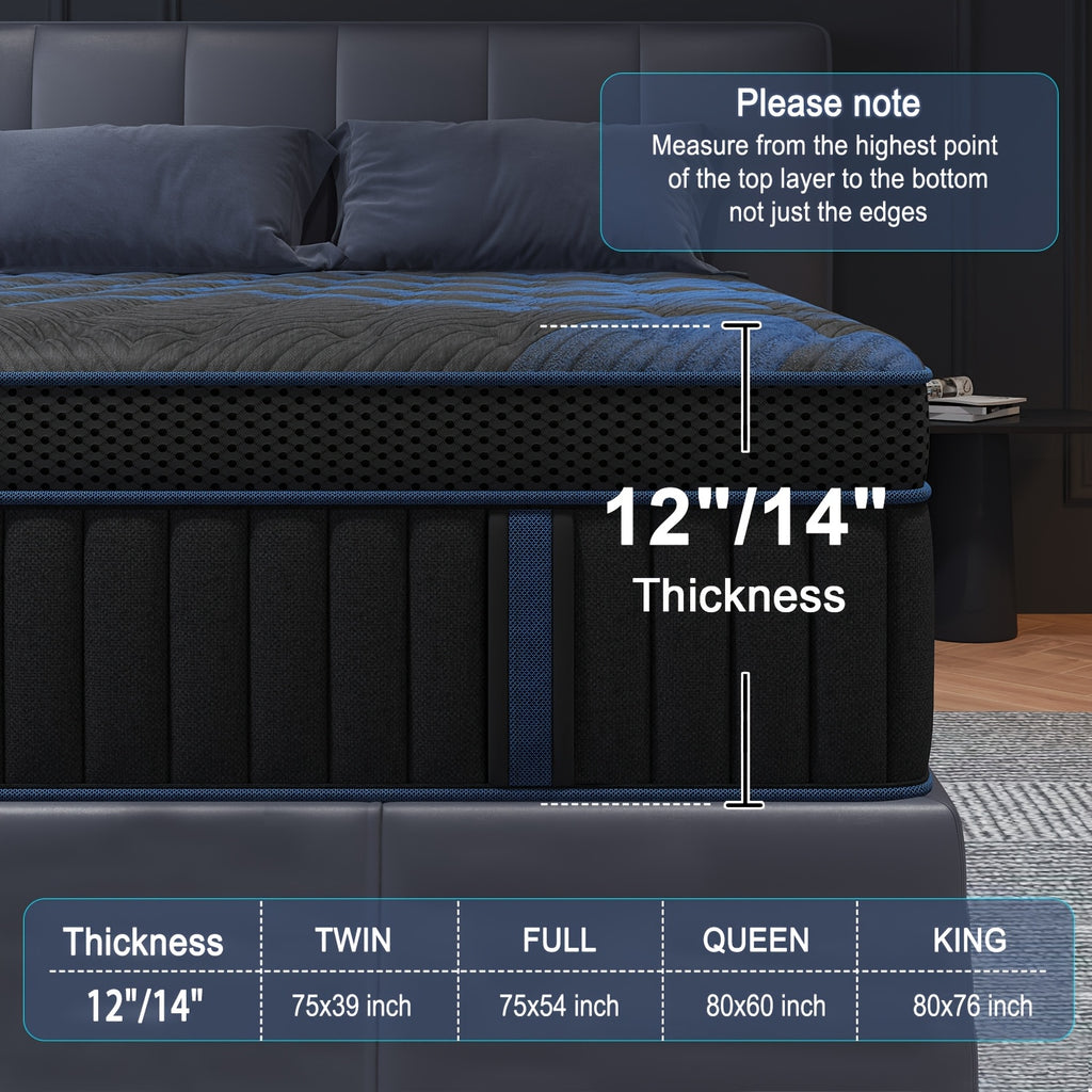 Pocket Spring Hybrid Mattress with Gel Memory Foam and Euro Top, Medium Firm 12 or 14 Inch Models with Twin, Full, Queen and King Size Selections