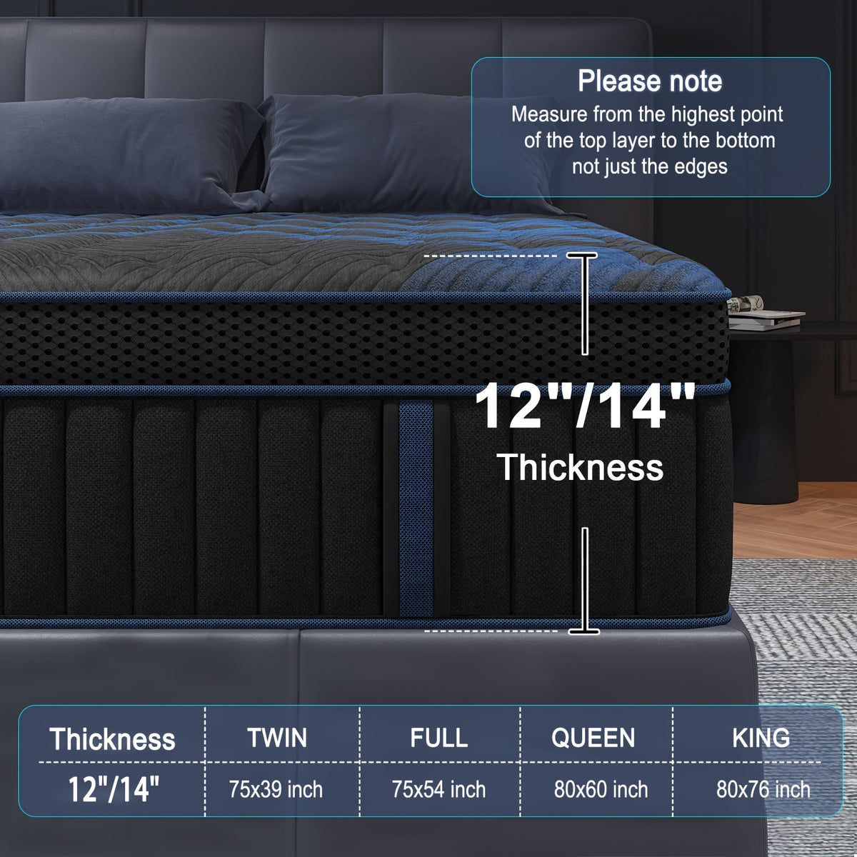 Pocket Spring Hybrid Mattress with Gel Memory Foam and Euro Top, Medium Firm 12 or 14 Inch Models with Twin, Full, Queen and King Size Selections