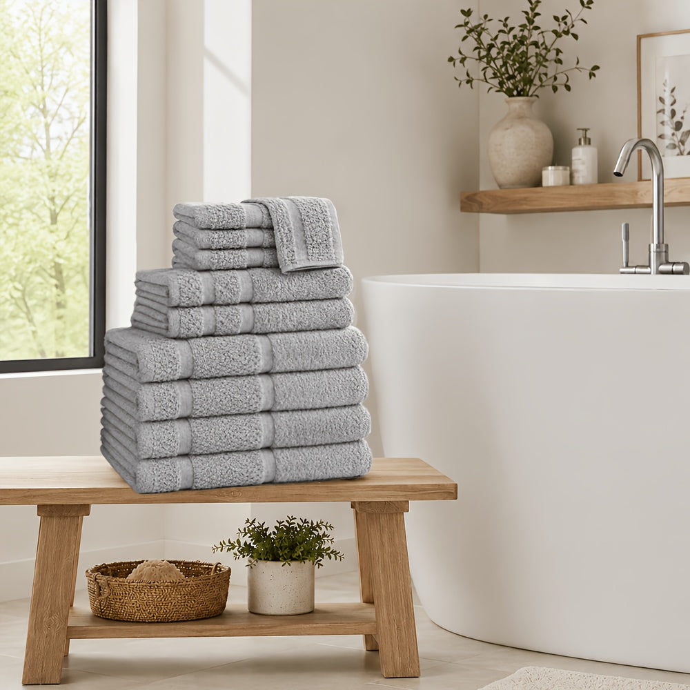 Cotton Bath Towel Set in Solid Colors with Named 16 or 32 Piece Packages and Additional Color Choices for Household Bathroom Linens and Guest Washroom Use