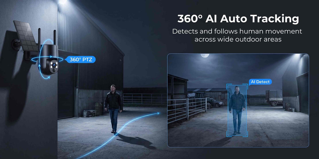 4G LTE Solar Security Camera 5MP with No-WiFi Connectivity, 360° PTZ View, AI Human Tracking, Color Night Vision and Two-Way Audio for Farms and Yards