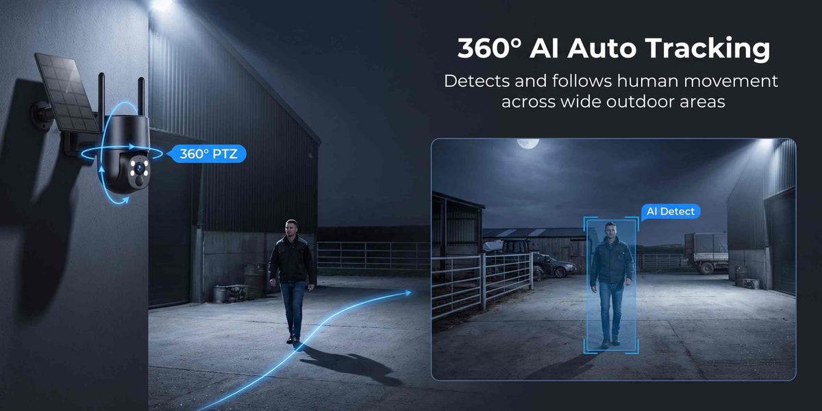 4G LTE Solar Security Camera 5MP with No-WiFi Connectivity, 360° PTZ View, AI Human Tracking, Color Night Vision and Two-Way Audio for Farms and Yards
