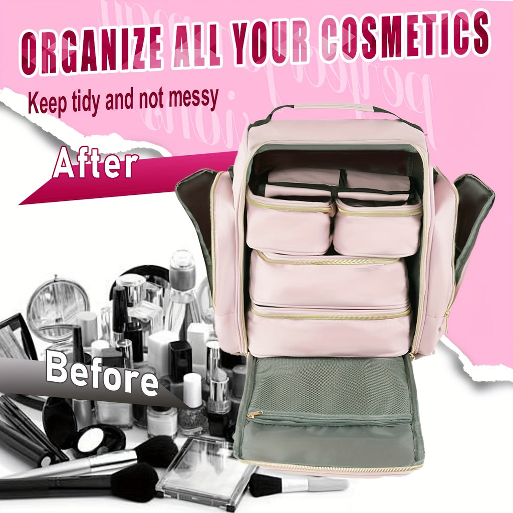 Removable-Pouch Makeup Organizer in Pink with Four Listed Inner Pouches and Jewelry Roll, Multifunction Cosmetic Travel Case for Beauty Essentials and Trip Packing