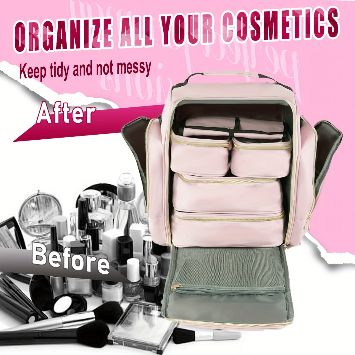 Removable-Pouch Makeup Organizer in Pink with Four Listed Inner Pouches and Jewelry Roll, Multifunction Cosmetic Travel Case for Beauty Essentials and Trip Packing