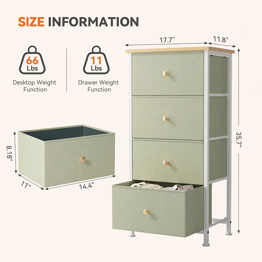 Four-Drawer Fabric Dresser Organizer with Listed Steel Frame and Wood Top, Home and Closet Storage Chest in Neutral, Green, Blue, Pink and Flower Style Options