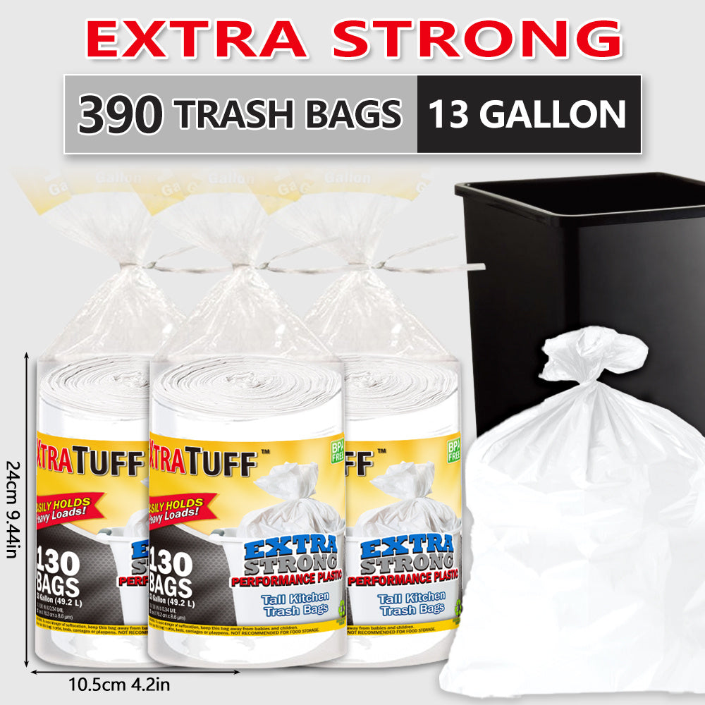 13 Gallon Disposable Garbage Bags, Plastic Household Bin Liners with 390-Bag Selection Label for Kitchen, Bedroom, Living Room and Bathroom Cleanup