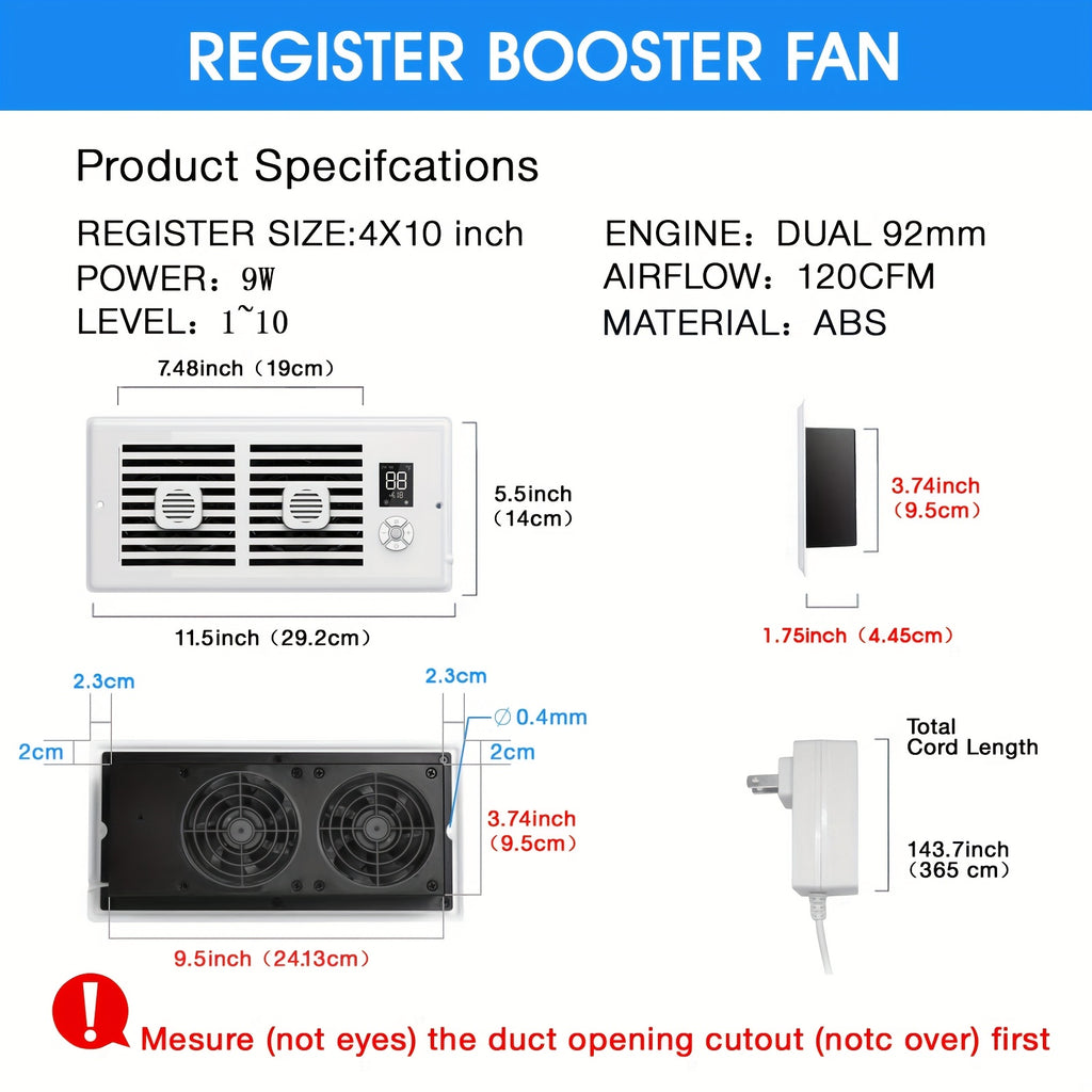 Vent Booster Fan for 4 x 10 Inch Openings, White 10-Speed Airflow Booster with Digital Automatic Temperature Control and Remote for Compatible Home Vents