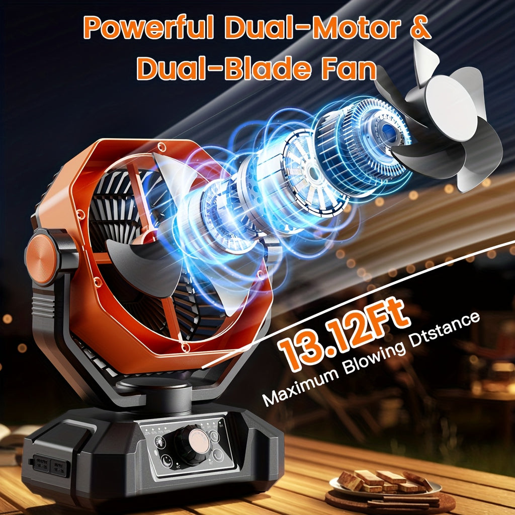Dual Motor Camping Fan with 4 LED Lanterns, 20000mAh Rechargeable Battery Fan, 8-Speed Desk Fan with Remote, Portable Outdoor Fan with Hook for Tent, Power Outage, Construction Site