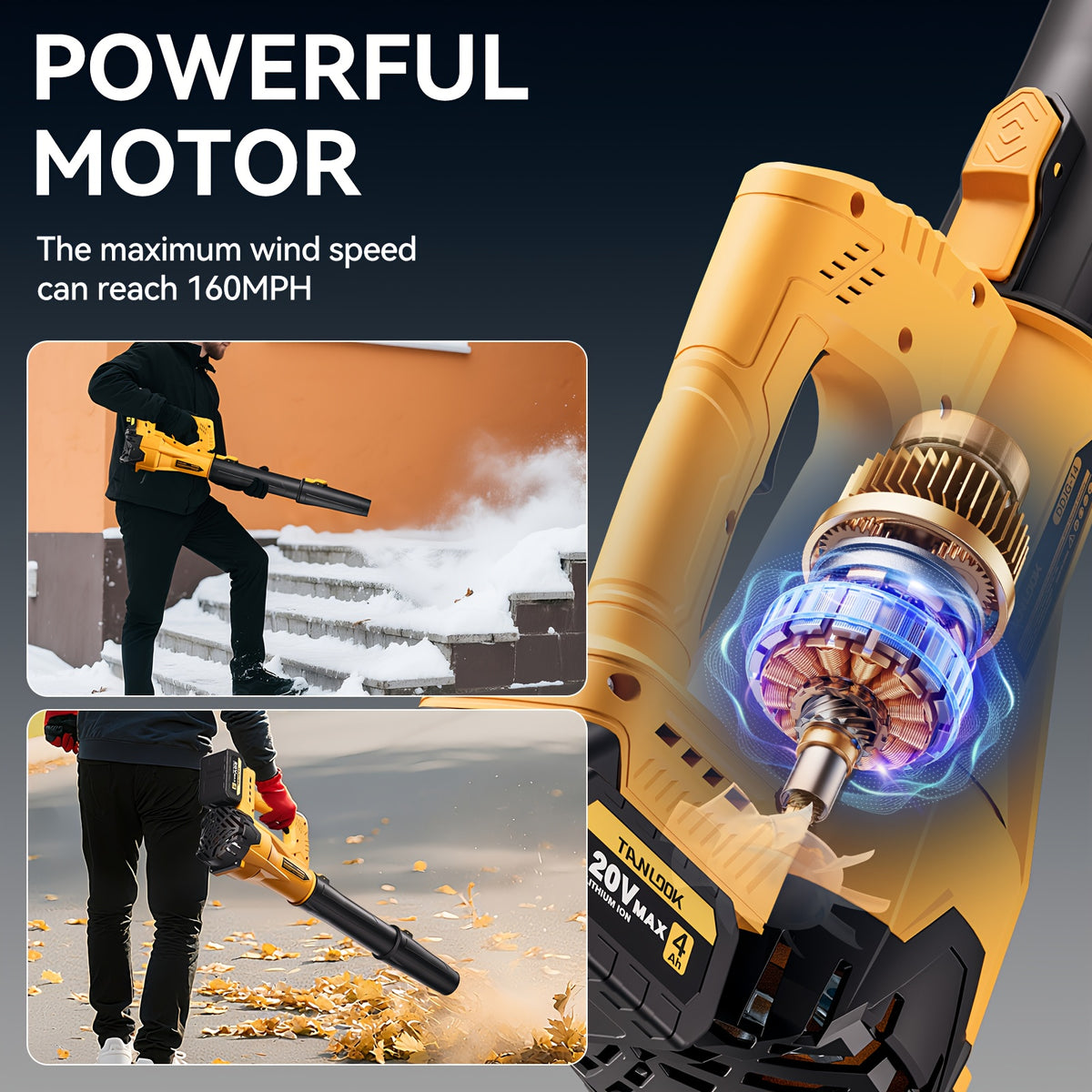 Extended-Nozzle Cordless Leaf Blower, Anti-Slip Handle with Yellow One- or Two-Battery Choices and Selected Six-Speed Models for Lawn, Patio and Yard Cleanup
