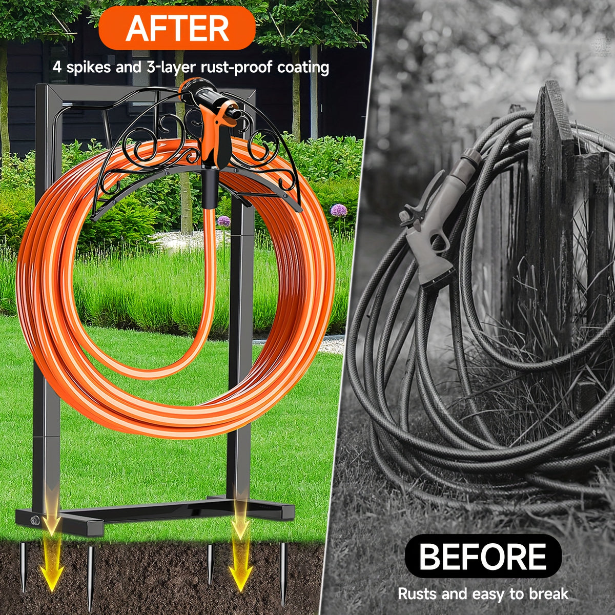 Freestanding Garden Hose Holder by LOVFEN, Detachable Metal Hose Stand with Listed Four-Anchor Base for Outdoor Lawn, Yard and Watering Supply Organization