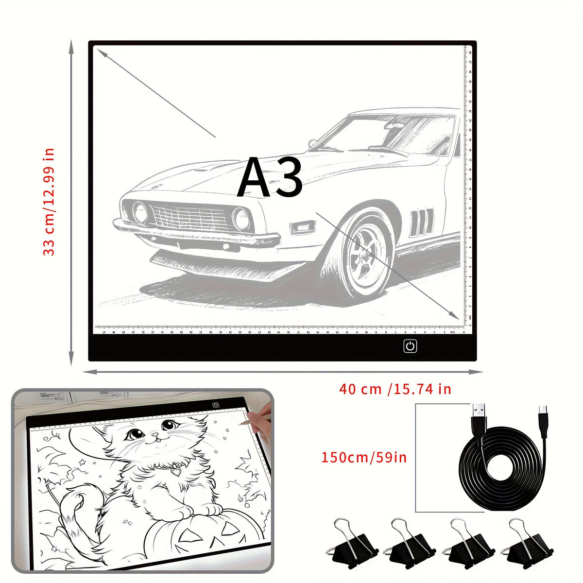 LED Tracing Light Pad with Adjustable Brightness, A2 and A3 Clip Set Options with Single or Double Light Bar References for Sketching and Diamond Painting
