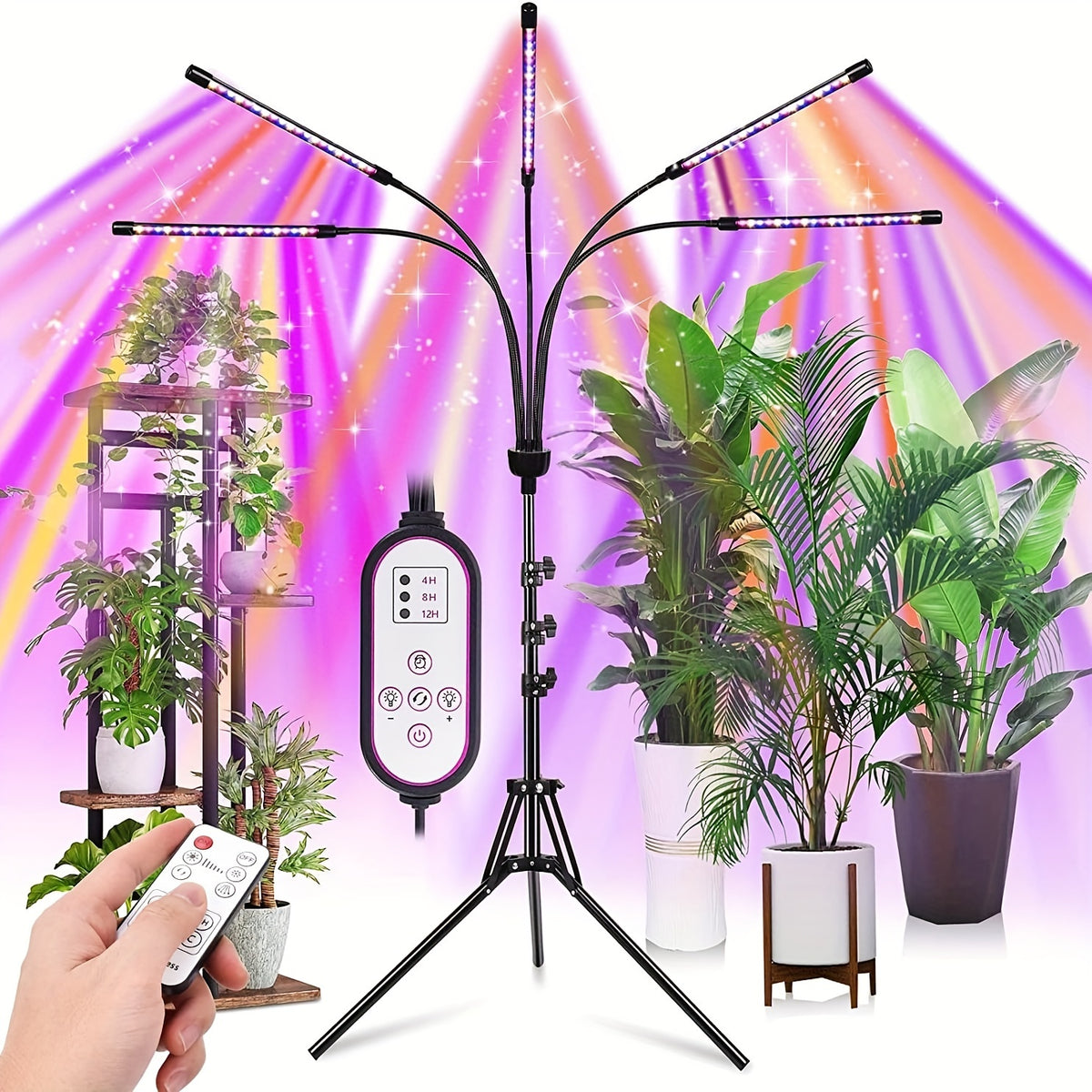 Tripod Grow Light for Indoor Plants with Remote Control, Auto On/Off Timer and Listed Red Blue White Spectrum, Four-Head or Five-Head Model Options