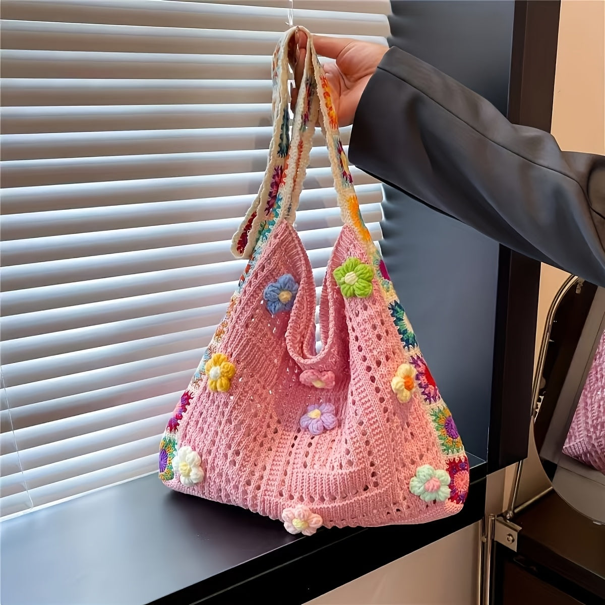 Boho Messenger Bag for Women with Hollow Flower Details and Contrast Fabric, Vintage-Inspired Casual Purse with Button Accents, No Closure and Seven Option Labels