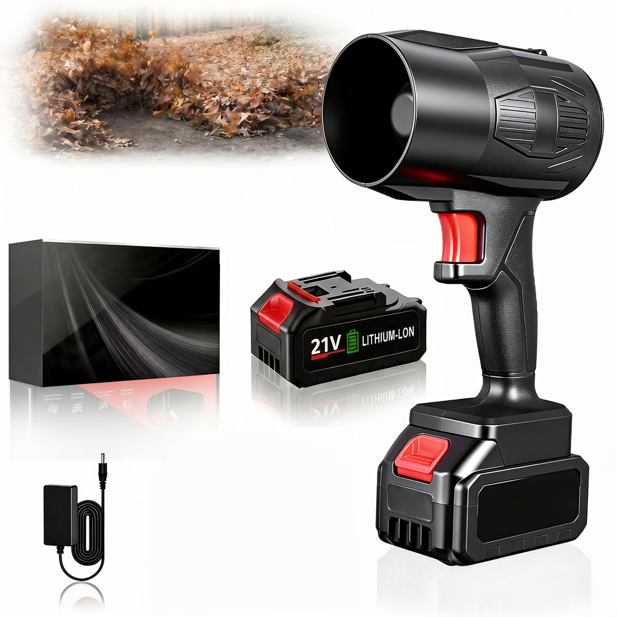Black Cordless Jet Leaf Blower with Listed 21V and 130000RPM Claims, One-Battery, Two-Battery or Family Set Labels for Patio Cleanup and Yard Maintenance