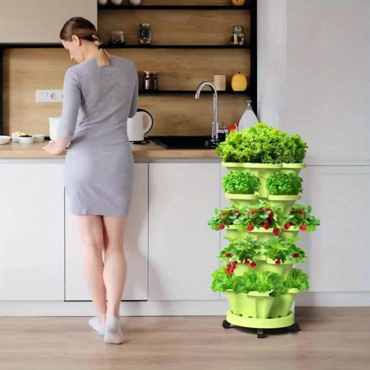 Vertical Garden Stackable Planter Set with Listed Six-Layer Petal Design, Wheels and Tools, Seven Color Options for Herbs, Flowers and Compatible Plants