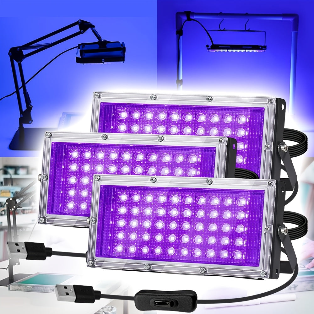 UV LED Screen Printing Exposure Lights, Three-Pack with 50-LED or 96-LED Option Labels, Listed 385–400nm Wavelength, USB Plug, Switch and 59.06-Inch Cord