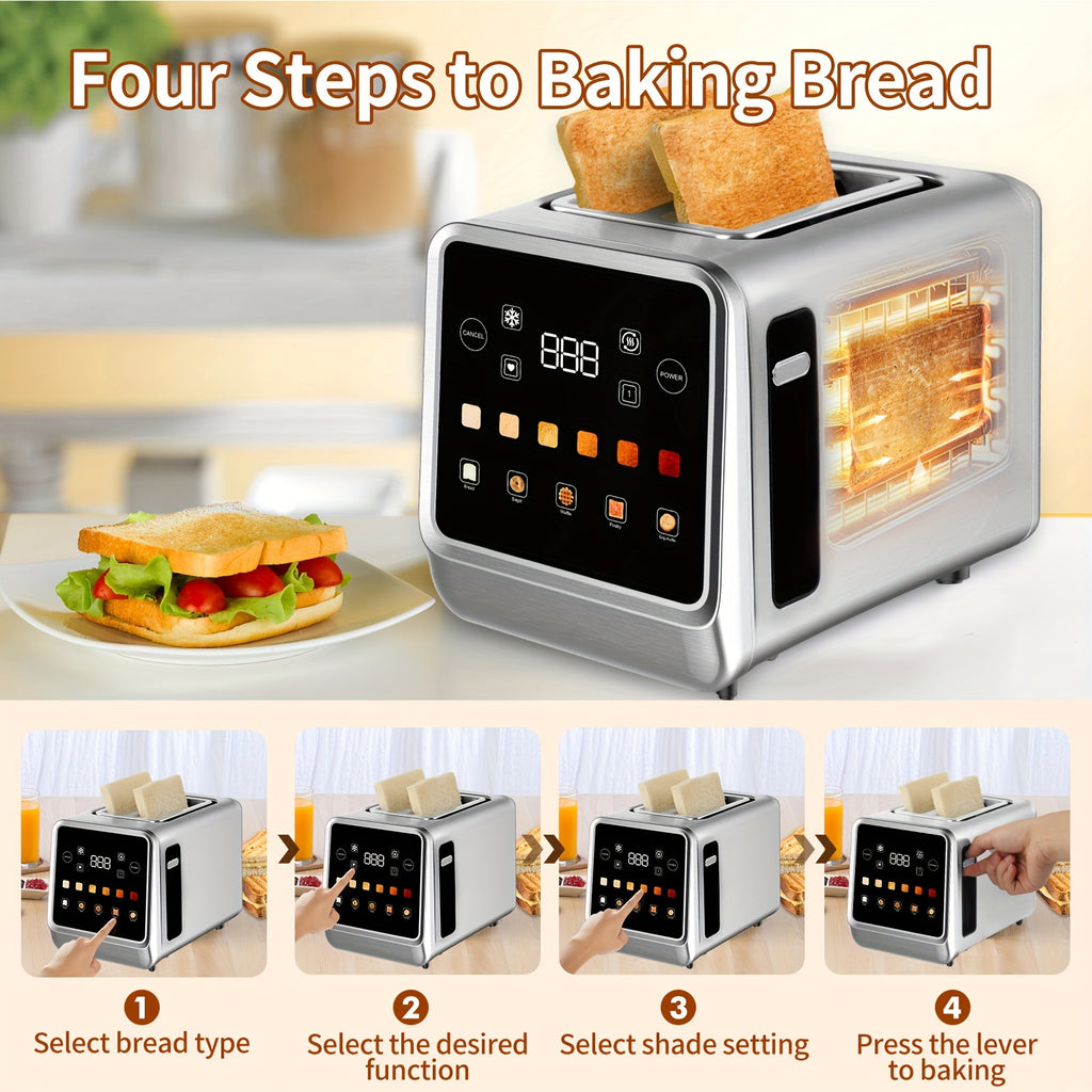 Seven-Shade Touchscreen Two-Slice Toaster with Listed Five Bread Selections, 1.5-Inch Slots, Bagel, Defrost, Cancel and Reheat Functions, Stainless Steel Options