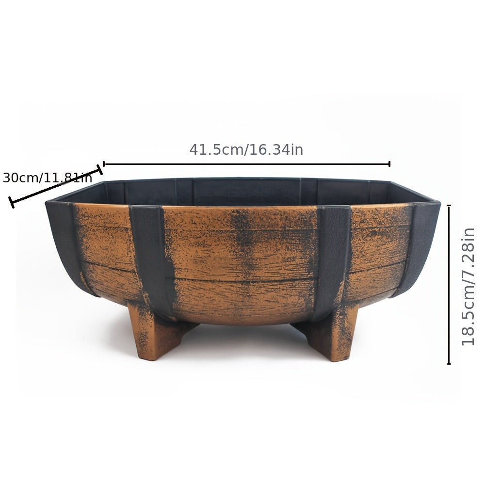 Whiskey Barrel Planter, 16.5-Inch Oval Faux Wood Resin Flower Pot with Removable Drainage Plate for Porch, Patio, Balcony and Indoor Farmhouse Decor