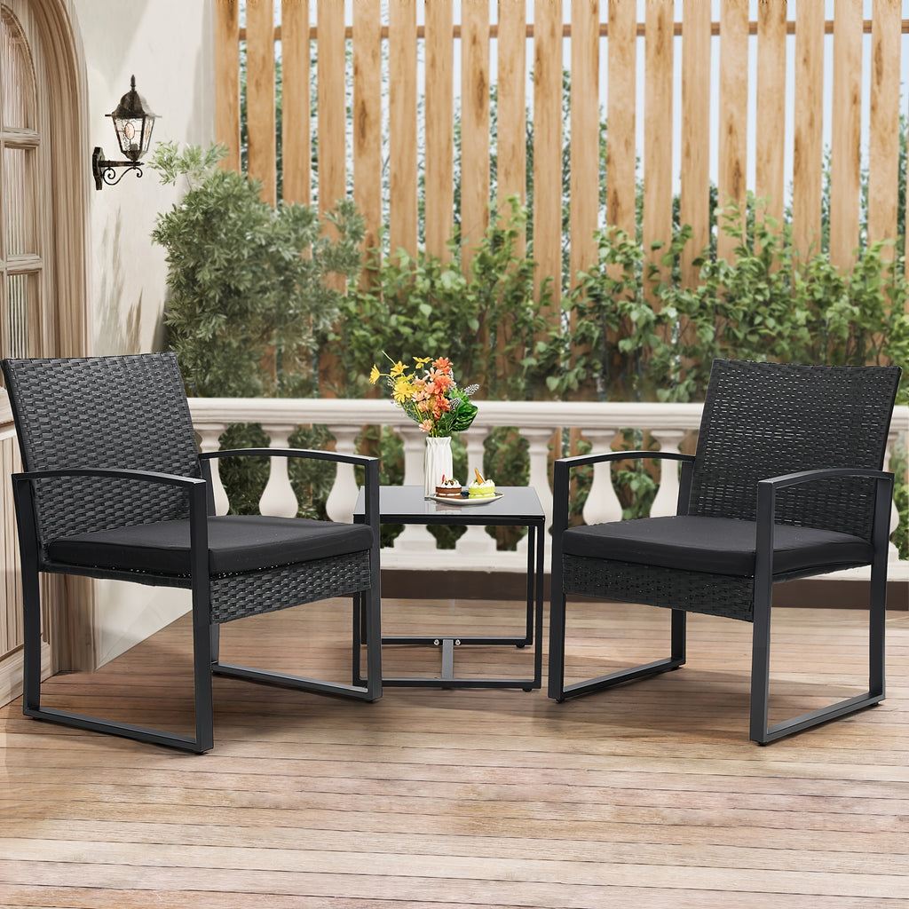 Patio Bistro Set with Black Rattan Styling, 3-Piece Outdoor Furniture with Tempered Glass Table and Gray or Black Cushions for Garden Seating and Coffee