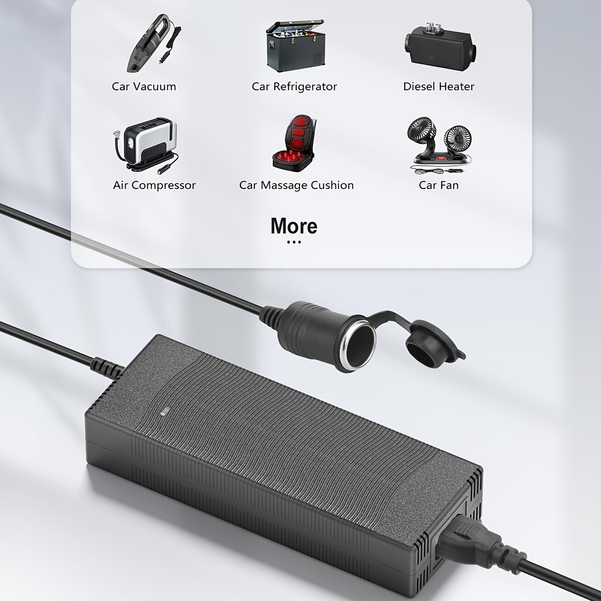 12V Car Power Adapter with Listed 15A 180W Maximum Output, 100–240V AC to DC Converter and 9.2ft Total Cord Length for Compatible Automotive Accessories at Home
