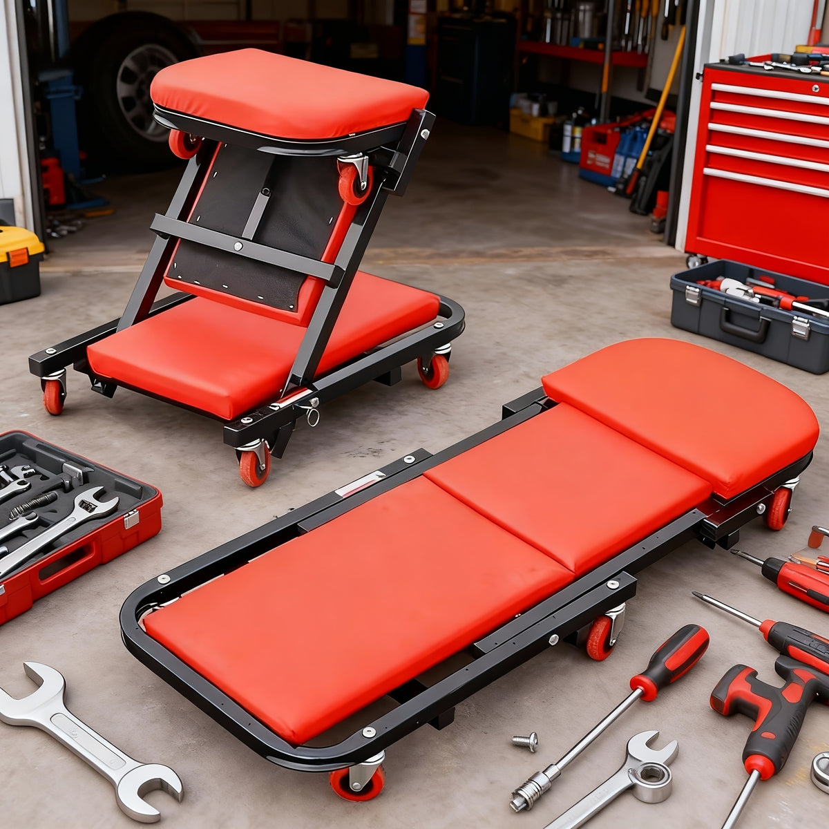 Wheeled Mechanic Creeper and Sliding Stool Options in Red or Grey, Foldable 3-in-1 Crawler or Non-Foldable Model for Garage Work Planning