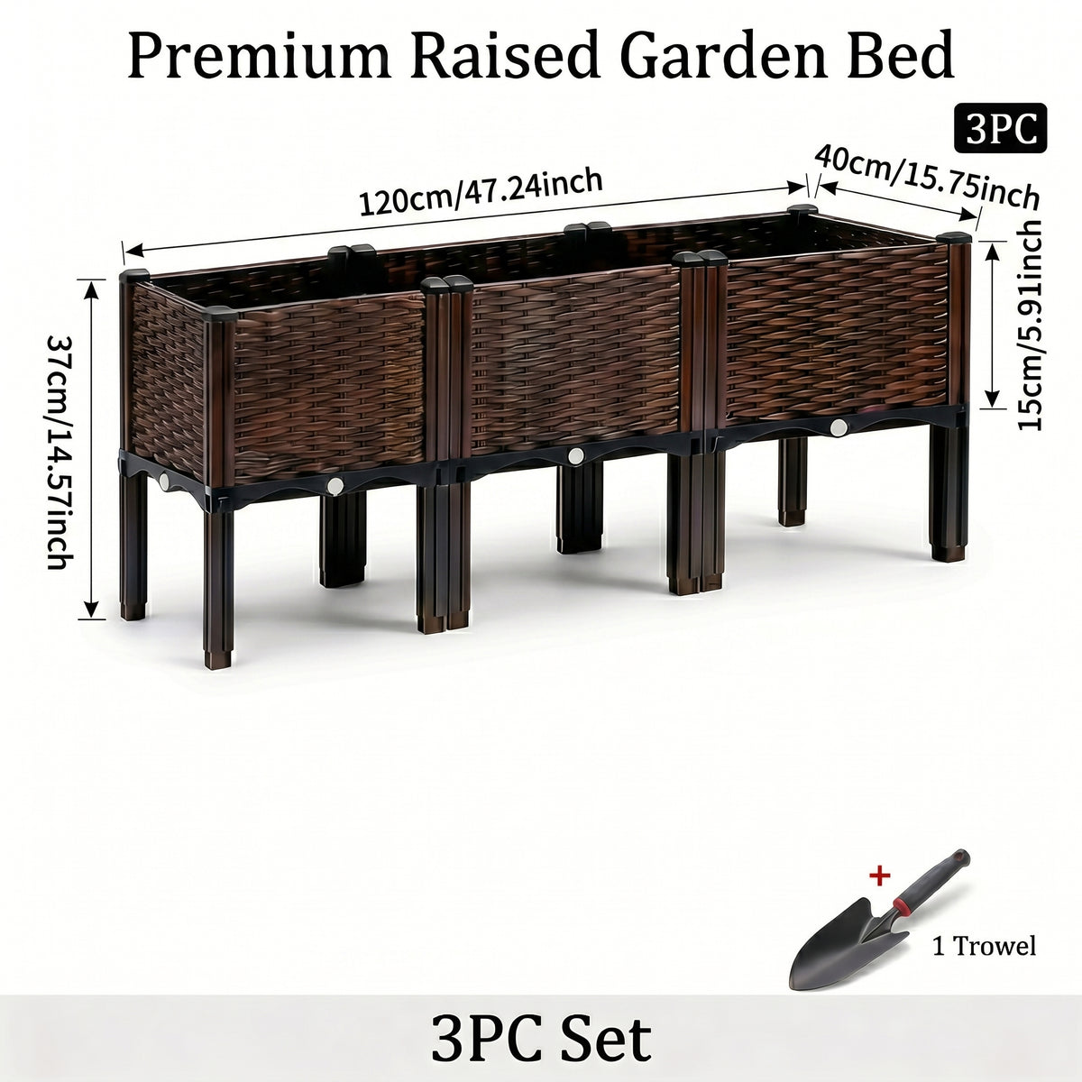 Elevated Plastic Planter Box Set with Legs, Two Raised Garden Beds with Listed Shovel for Outdoor Herb Growing, Vegetable Planting and Home Garden Projects