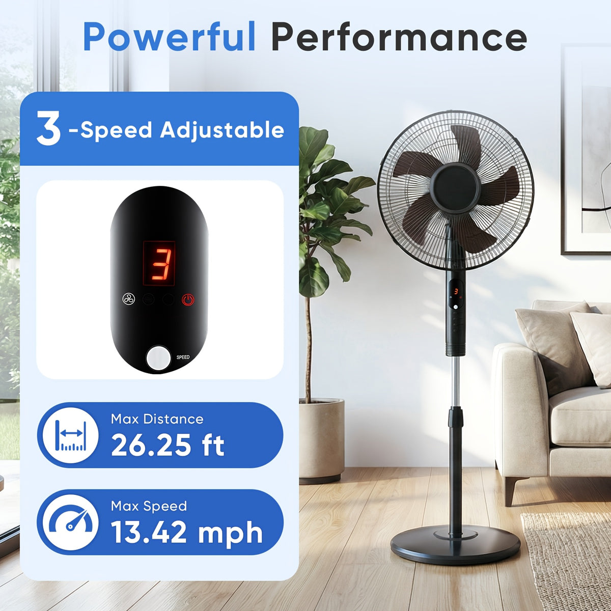 Adjustable Height Pedestal Fan in Black with Remote Control, 45–53 Inch Standing Design, 80° Oscillation, Three Speeds, Three Modes and 12-Hour Timer