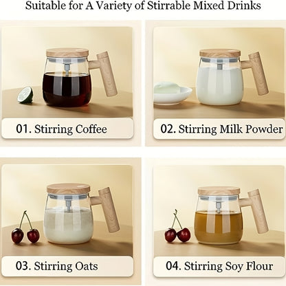 Self-Stirring Mug 400ml OBS-JB01 with Listed 8cm Stirring Bar, Borosilicate Glass and Imitation-Wood Plastic Design for Coffee, Milk and Compatible Powdered Drinks