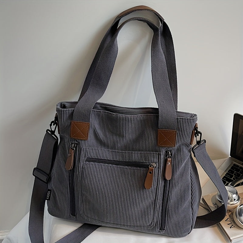 Retro Workwear Corduroy Handbag with Multiple Pockets, Women's Adjustable-Strap Shoulder and Crossbody Bag in Black, Grey or Green for Daily Commuting