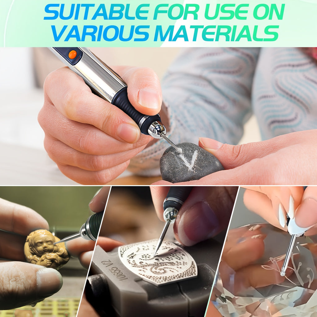 Rechargeable Engraving Pen Kit with Three Speed Settings, 30 Grinding Bits, 3 Drill Bits and 10 Plastic Stencils for Adult DIY Detail Work and Personalized Gifts