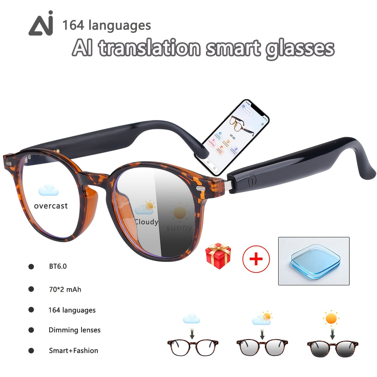 160 Language Translation Smart Glasses, AI Audio Glasses with ChatGPT, HD Calls & HiFi Music, Built-in Mic & Speaker, Photochromic Lenses, Real-Time Translator Eyewear for Travel, Meetings, Men & Women