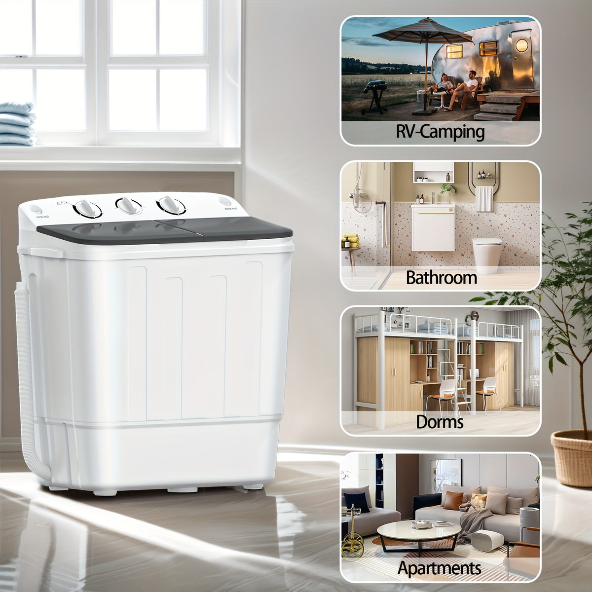 Double Drum Portable Washer in Black with Listed 19lb Capacity and 1300RPM Spin, Gravity Drainage, Seven Hangers and One Drying Rod for Small-Load Laundry