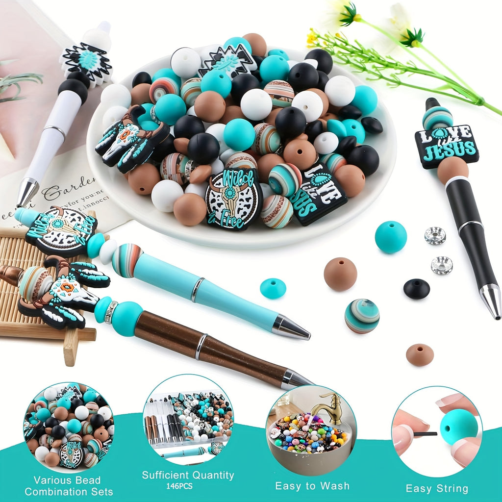 Turquoise Silicone Beads for Pens and Keychains, 146-Piece Mixed Craft Assortment with Listed 10mm Round and 12mm/15mm Beads for DIY Jewelry and Decorations