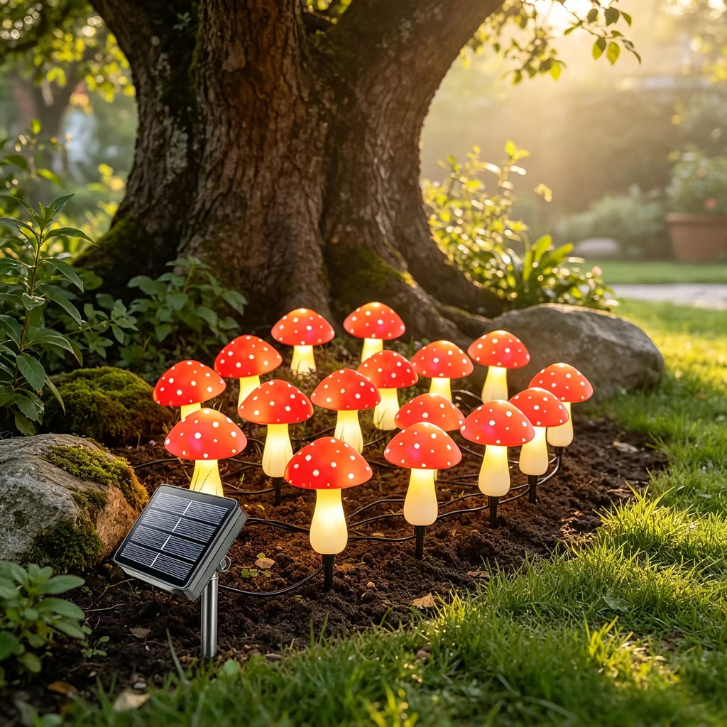 Solar Mushroom Garden Lights, 12-Piece Red Spotted Stake Light Set with Warm White LEDs for Decorative Lawn Borders, Yard Pathways, Patios and Landscape Displays