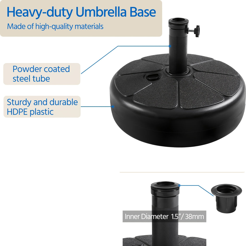 Fillable Patio Umbrella Base with 38mm Opening, Round Plastic Stand for Water or Sand Ballast with Built-In Handle for Garden and Lawn Shade Setups