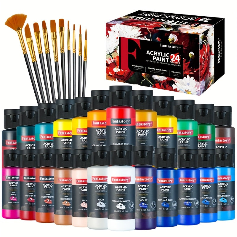 Thick Acrylic Paint Set by Fantastory, 24 Vibrant Colors in Listed 2oz/60ml Sizes with 12 Brushes for Canvas, Wood, Rock, Glass and Ceramic Craft Projects