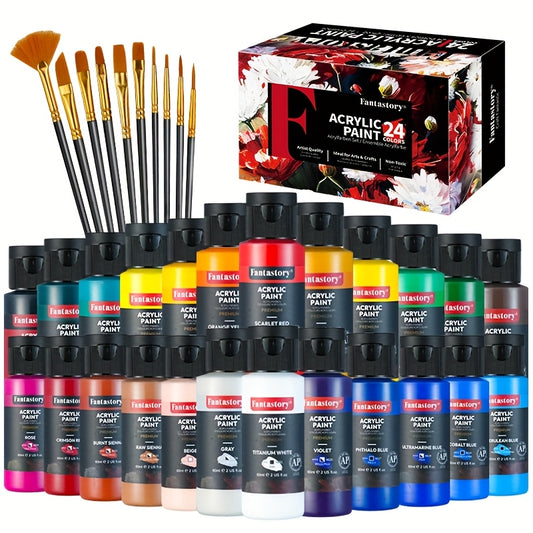Thick Acrylic Paint Set by Fantastory, 24 Vibrant Colors in Listed 2oz/60ml Sizes with 12 Brushes for Canvas, Wood, Rock, Glass and Ceramic Craft Projects