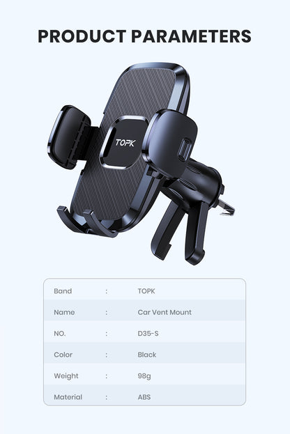 TOPK Car Air Vent Phone Mount with Adjustable Clamp Cradle, Black ABS Smartphone Holder for Compatible Vehicle Vents and Navigation Screen Positioning