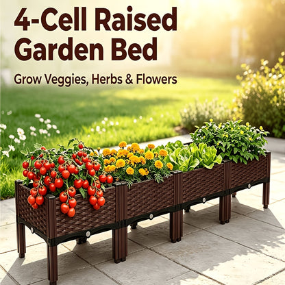 Raised Garden Bed with Legs by SKYNEST, Brown Plastic Planter with Listed Drainage System and One- to Four-Box Options for Outdoor Herbs and Vegetables