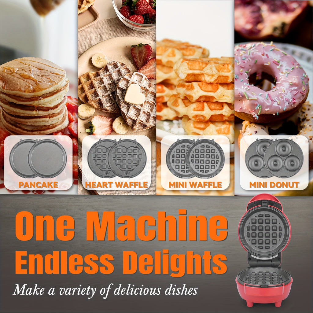 4-in-1 Mini Waffle and Pancake Maker with Removable Plates, Listed Donut and Heart-Shape Functions, Recipe Included, Graphite, Red or Blue for Home Breakfasts