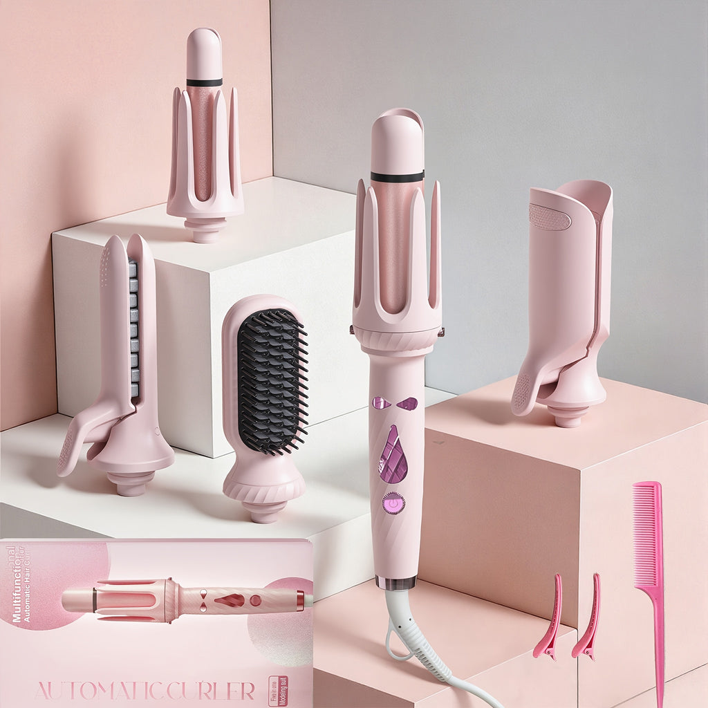 LESROLL 5-in-1 Hair Styler Set with Interchangeable Curling Wand and Straightening Brush for Waves, Curls and Volume in White, Pink or Blue Options