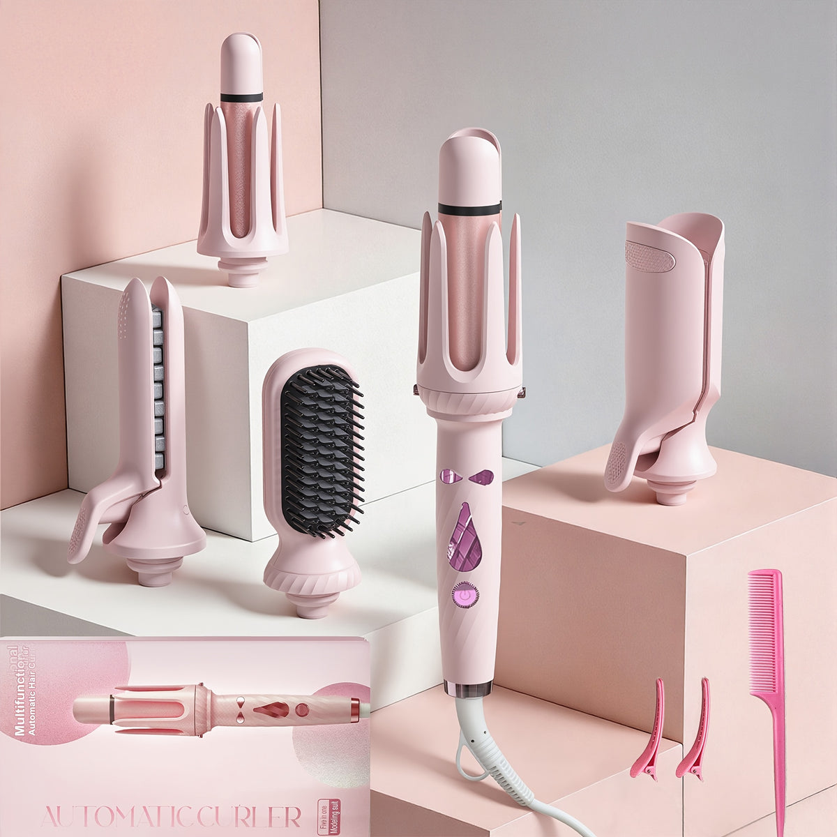 LESROLL 5-in-1 Hair Styler Set with Interchangeable Curling Wand and Straightening Brush for Waves, Curls and Volume in White, Pink or Blue Options