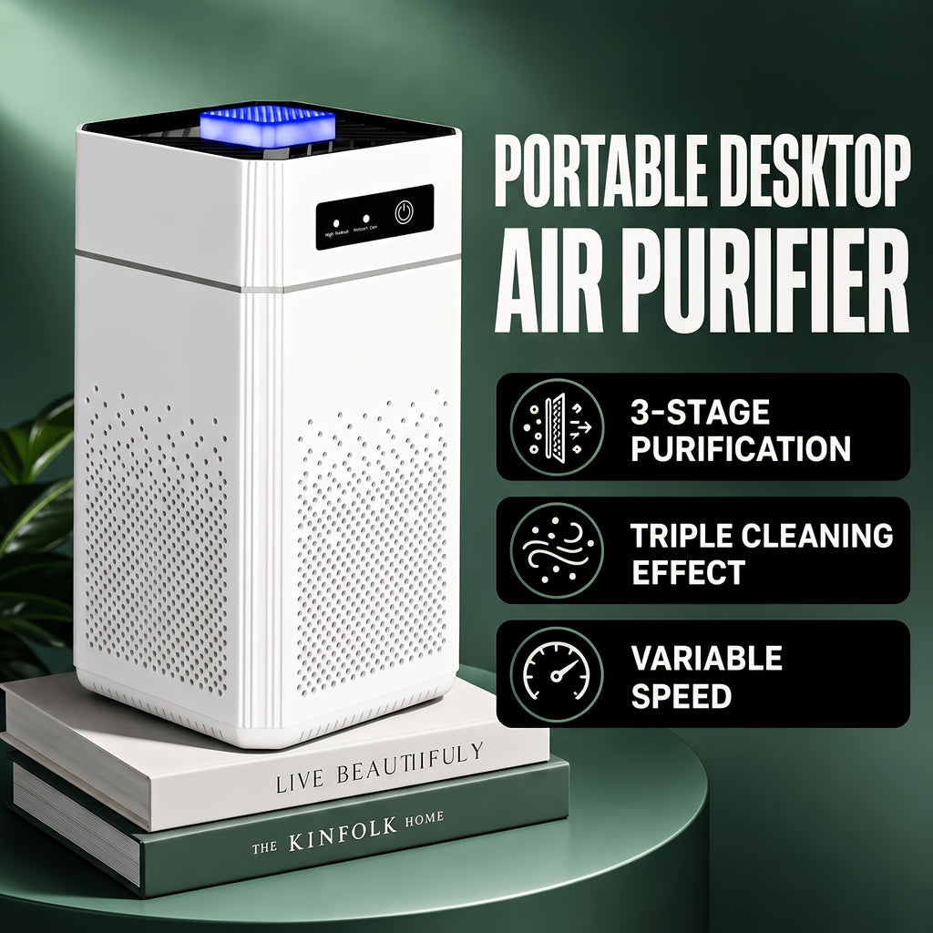 Portable USB Air Purifier in White with Listed H13 True HEPA and Activated Carbon Filters, Small-Space Air Cleaner for Bedroom and Home Office Placement