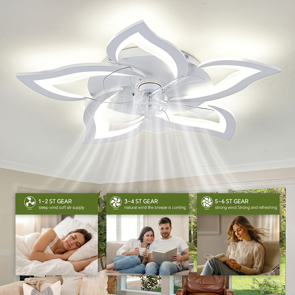 Petal Shape Ceiling Fan with LED Light and Remote, Listed 30-Inch Low-Profile Flush Mount, Six Speeds and Three Light Colors, Black Round or Pointed Leaf Options