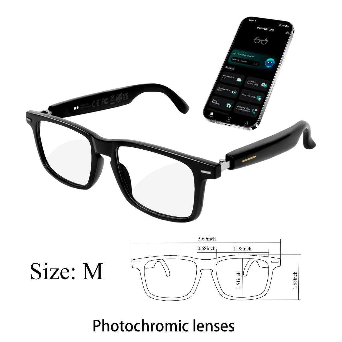 Audio Translation Glasses with Listed 160-Language Translation, GPT Chat, Music and Calls, Photochromic, Color-Changing and Anti-Blue Light Lens Options