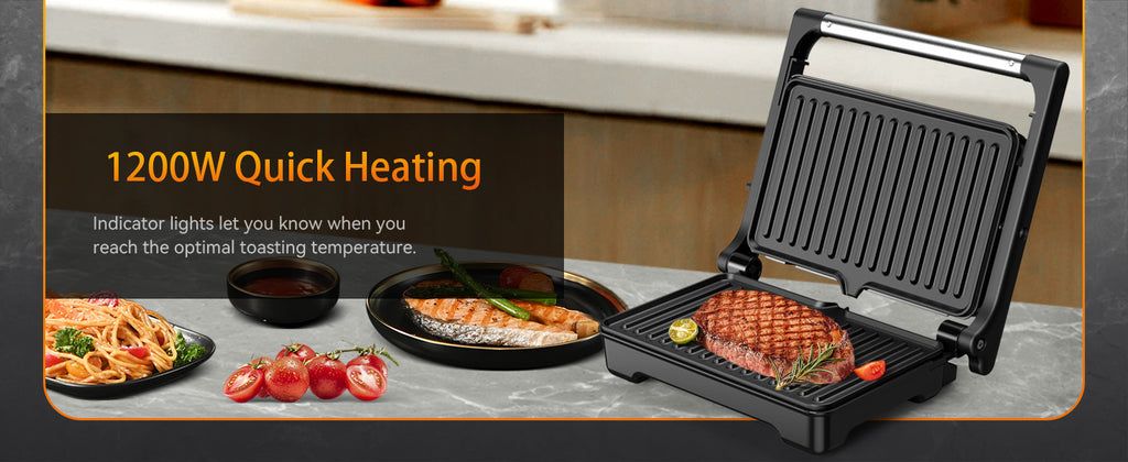 YASHE Panini Grill Press ZJ-521 with 1200W Heating, Nonstick Cast Aluminum Plates, Two-Slice Bread Capacity, 180-Degree Opening and Ready Indicator Lights