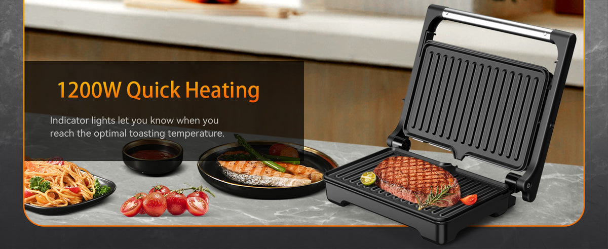 YASHE Panini Grill Press ZJ-521 with 1200W Heating, Nonstick Cast Aluminum Plates, Two-Slice Bread Capacity, 180-Degree Opening and Ready Indicator Lights