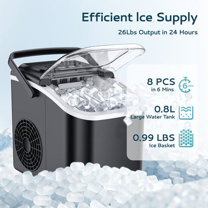 Portable Bullet Ice Machine, Self-Cleaning Ice Maker with Scoop and Basket, Black 26lb or Red and Silver 29lb Labeled Options for Kitchen Drinks and Gatherings