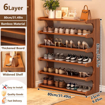 Freestanding Bamboo Shoe Organizer in Brown with Three, Five or Six Layers, Wood-Grain Footwear Storage Rack for Home Entryways, Hallways and Dorm Rooms