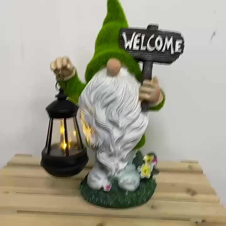 Garden Gnome Statue in Green with Flocked Resin Wording, Solar Lantern and Welcome Sign References for Decorative Porch, Patio and Garden Displays